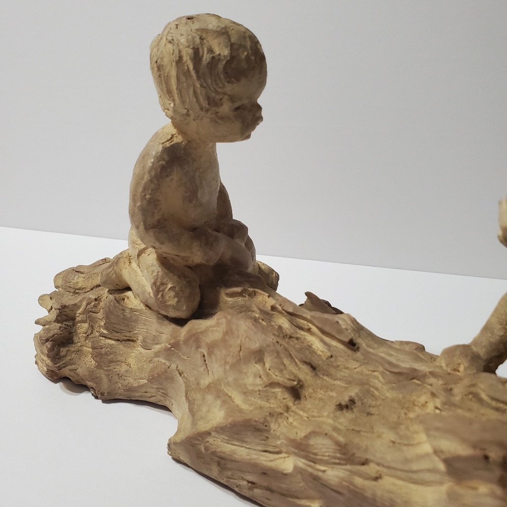 Vintage Haeger Pottery M. Strubel Resin Sculpture 2 Children On A Fallen Tree - Picture 7 of 16